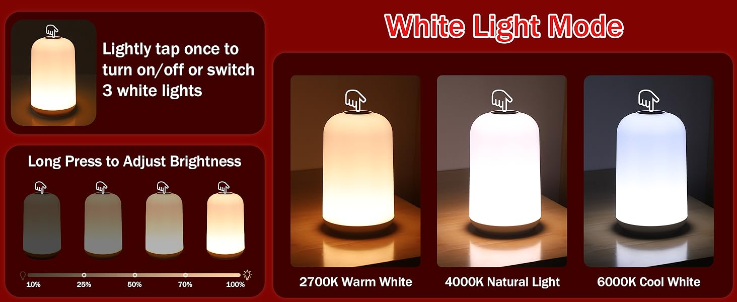 touch control white light night light 3 color modes dimmable bedside lamp