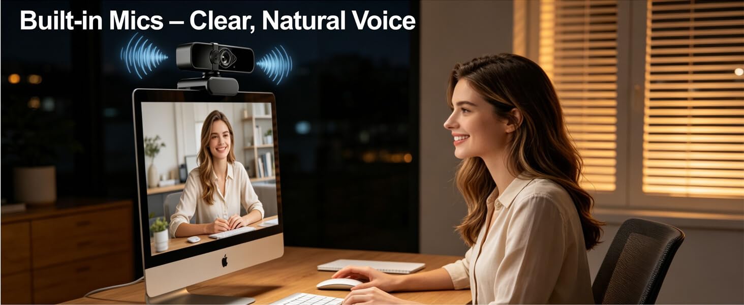 4K pc webcam with microphones for clear, natural voice during video calls and streaming.
