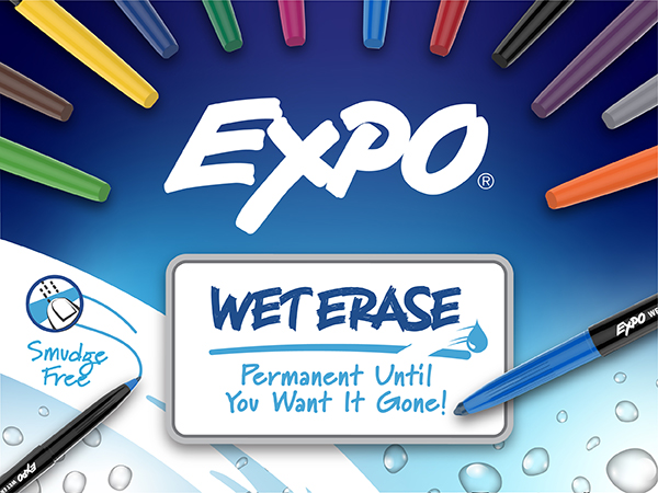 EXPO Wet Erase Markers, Semi-Permanent Markers, Blue, Fine Tip, 12 Count