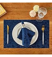 HommxJF 4 Pieces Wave Scroll Damask Jacquard Deep Sea Blue Placemats,13 x 19 inch Protect Surface...