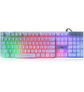 Rii RK100+ White Gaming Keyboard,USB Wired Multiple Colors Rainbow LED Backlit Large Size Mechani...