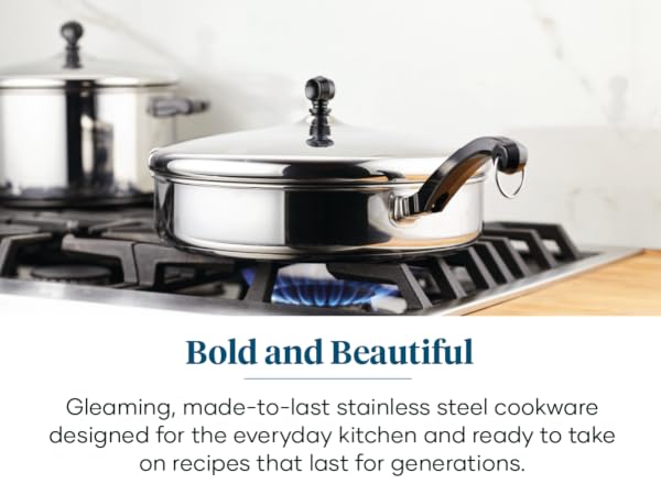 Farberware Classic features gleaming, durable stainless steel construction.