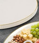 WDF 6Pcs Ivory and Gold Plastic Platters - 10’’ x 12’’ Elegant Ivory Oval Disposable Plates - Hea...
