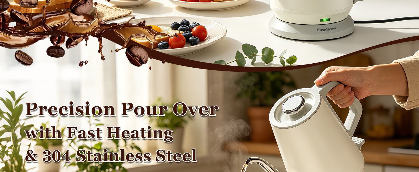 Close-up of food-grade 304 stainless steel liner and BPA-free lid of white gooseneck kettle