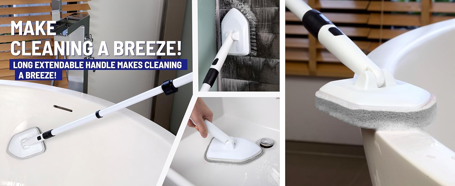 Moku Home's long-handled scrubber effortlessly cleaning a bathtub sinks tubs tiles and more