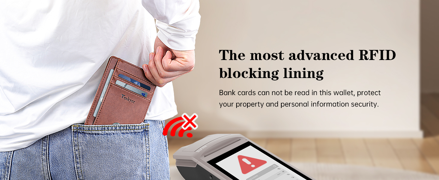 Hand holding brown leather wallet next to text about RFID blocking lining, demonstrating protective feature against electronic theft.