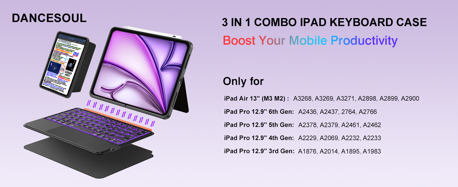 Text reads 'DANCEBOUL 3 IN 1 COMBO IPAD KEYBOARD CASE Boost Your Magic Productivity Only for'. Product images showing iPad case with detachable keyboard in multiple viewing angles and configurations.