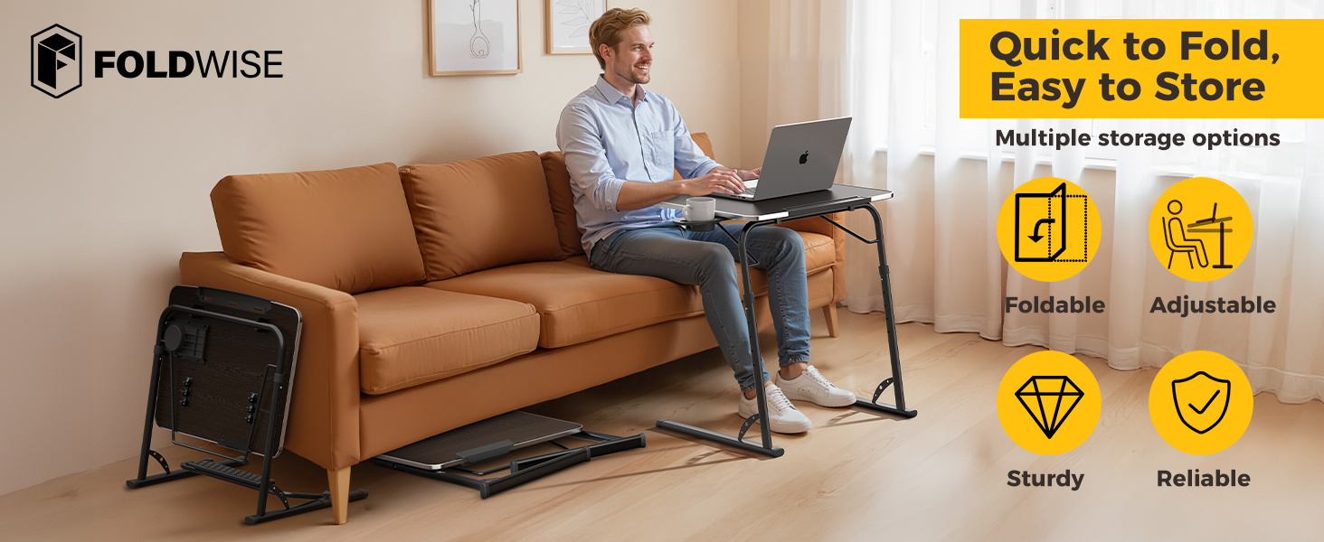 Text reads 'FOLDWISE' and 'Quick to Fold, Easy to Store'. Brown leather sofa shown in a living room setting with demonstration of folding functionality.