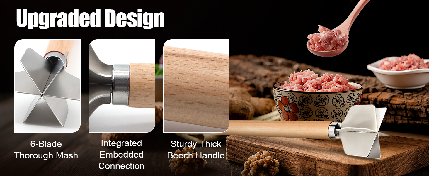 304 Stainless Steel Meat Chopper FoodGrade 6-BladeGround BeefChopper Potato Masher Hamburger Smasher