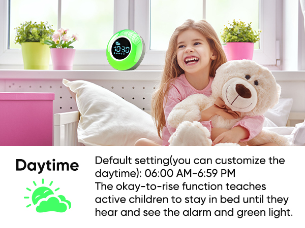 the green light plus sun symbol on the display teaches kids it's right time to wake up