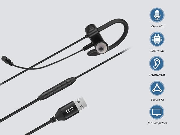 Single-Sided USB Earbud with Boom Mic for Computers_EBM-U_USB_Main