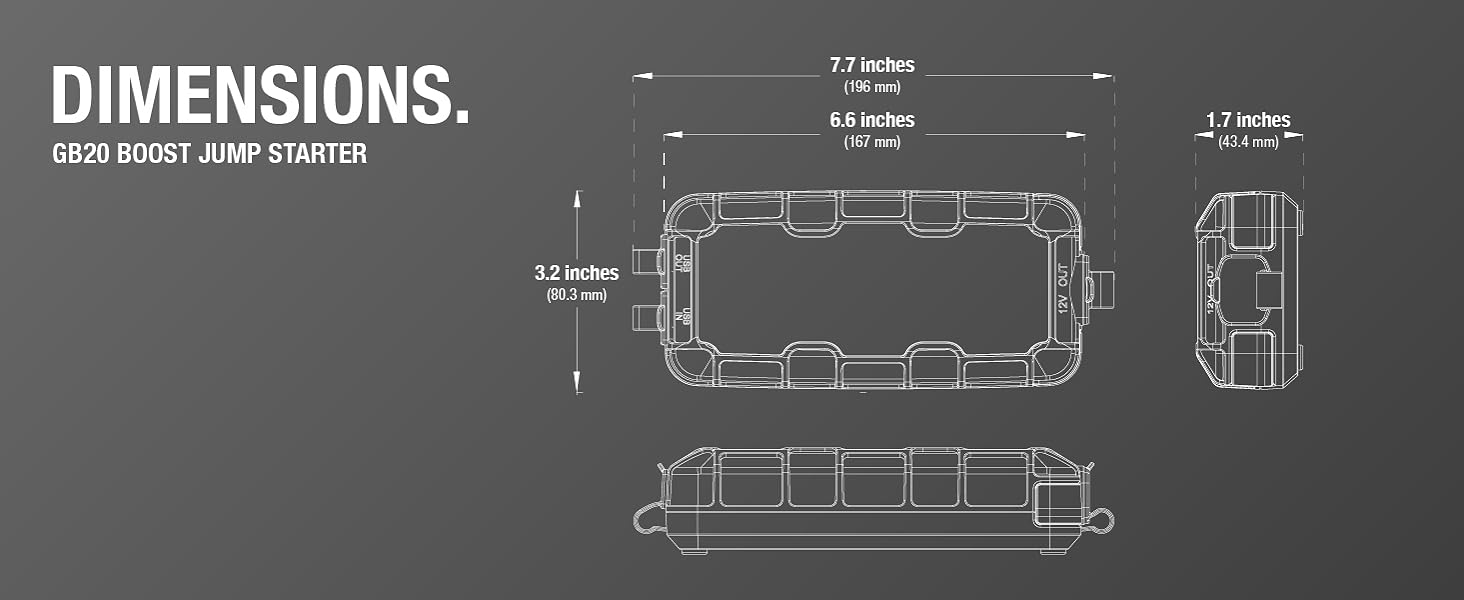 Dimensions. The dimensions of the GB20 jump starter.
