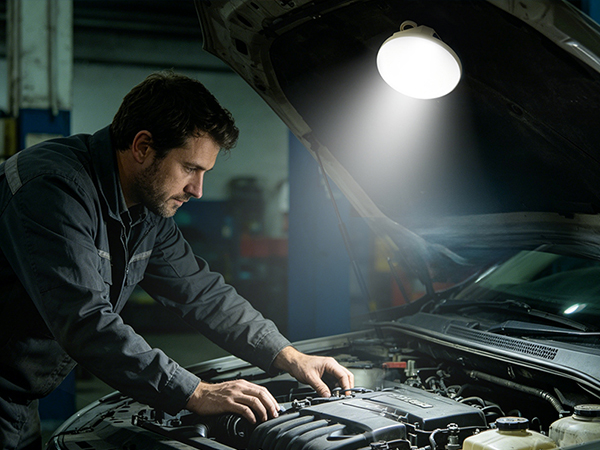 Mechanic repairing a car engine at night with an LED lantern hanging under the hood