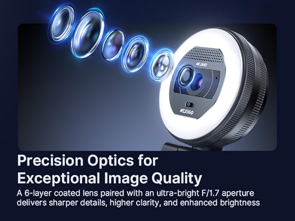 Six coated lens elements extend out from the webcam lens.