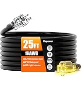 25 FT Outdoor Extension Cord Waterproof, 16/3 Gauge Heavy Duty 3 Prong Power Cord with Lighted In...