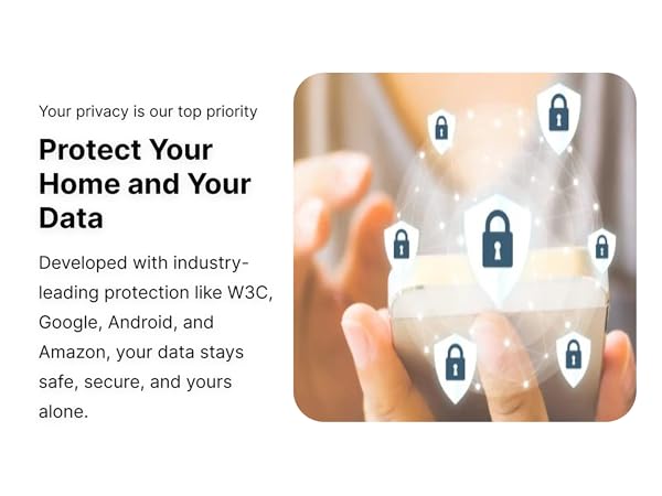 Hands holding phone with security lock icons, highlighting AlfredCamera’s data privacy protection.