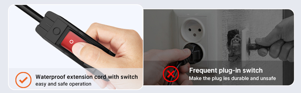 Joinfworld Waterproof 3 Prong Extension Cord with Inline Cord Switch