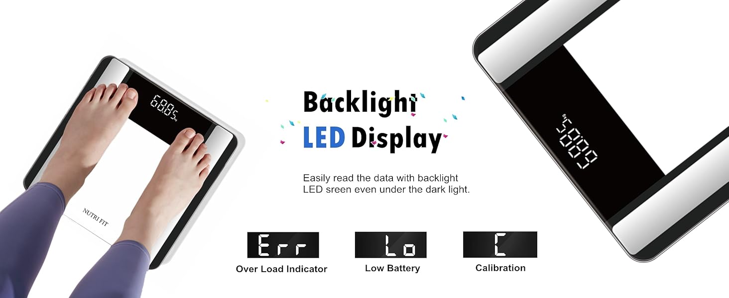 Digital scale with LED backlit display, showing multiple display modes and measurement features. Black and white design with clear screen interface.