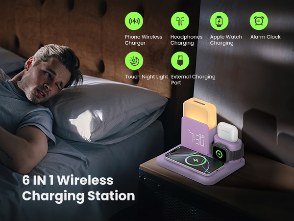Wireless Charging Station, 7 in 1 Wireless Charger Stand with Alarm Clock