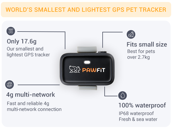 Compact GPS pet tracker device. Features: 17.6g weight, 4g multi-network, fits pets over 2.7kg, 100% waterproof (IP68). Advertised as world's smallest and lightest GPS pet tracker.