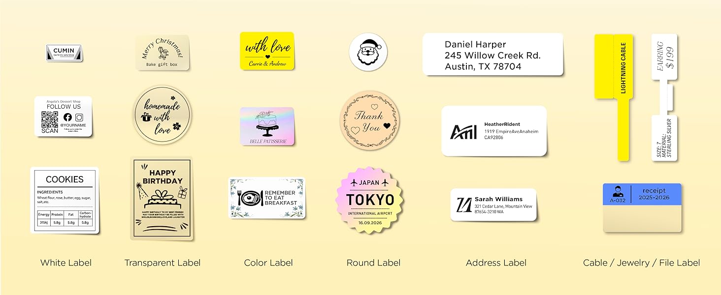 Labels of various styles including rectangular, round, address, cable, jewelry and file labels