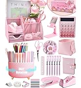 LXEVIHK Pink Desk Organizers and Accessories With Mesh Desk Organizer and 360°Rotating Pen Holder...