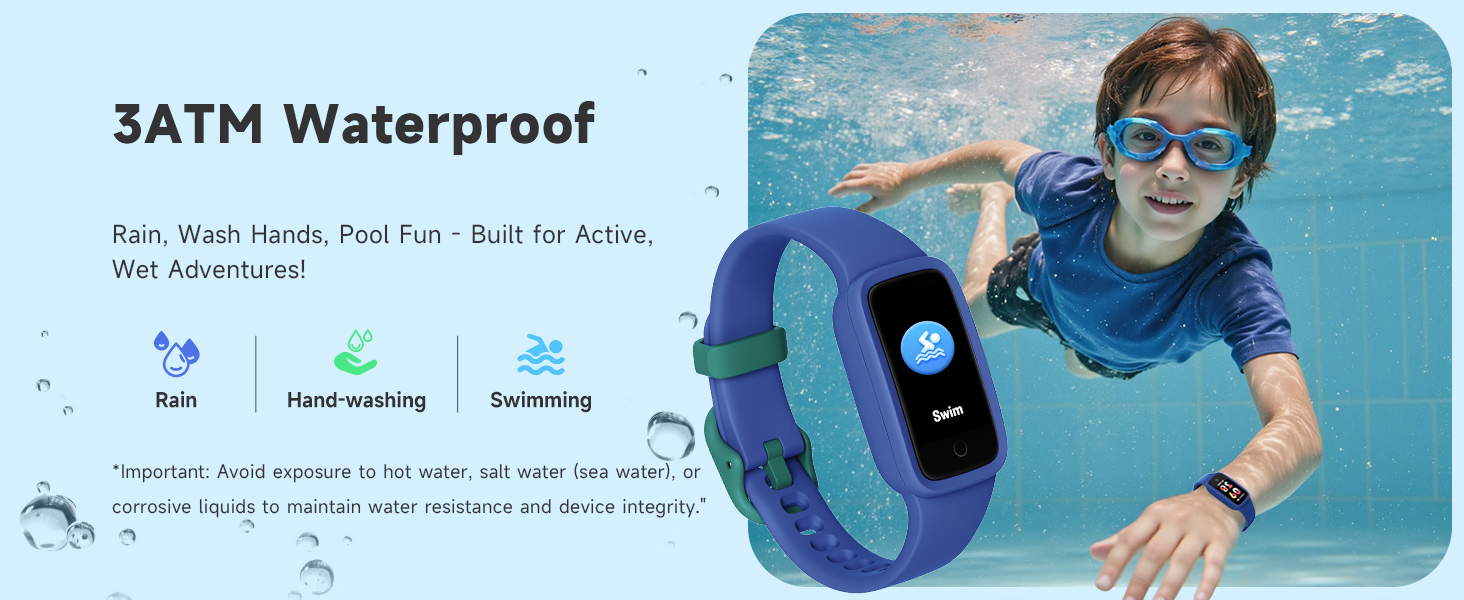 Text reads '5ATM Waterproof'. Digital smartwatch shown in multiple underwater scenes demonstrating waterproof capabilities, with interface displaying fitness tracking features.