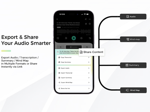 Export Audio/Transcription/Summary/Mind Map in Multiple Formats or Share via Link in AI app