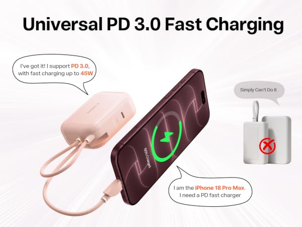 Portable charger with PD 3.0 fast charging protocol, widely compatible with iPhone and Samsung