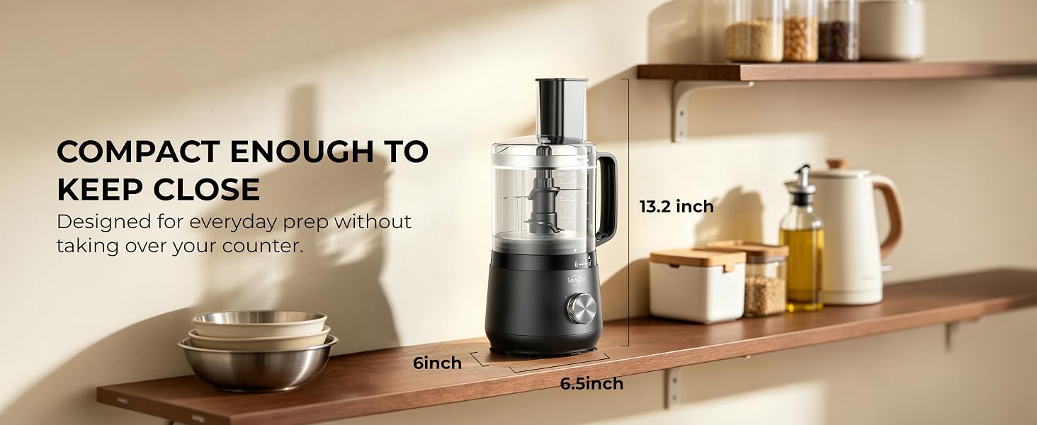 Compact Sangcon processor on a narrow shelf, 13.2 inches tall with a 6 by 6.5 inch footprint.