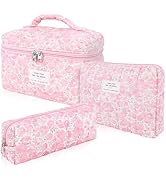 Hatende 3Pcs Cotton Quilted Makeup Bag Set,Large Floral Cosmetic Bag,Aesthetic Toiletry Travel Ma...