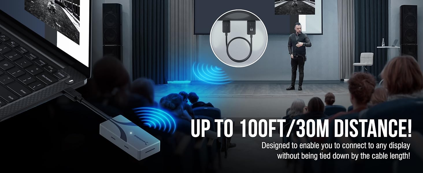 Text reads 'UP TO 100FT/30M DISTANCE!' Digital projection display showing blue light beam in dark room, demonstrating projection distance capability.
