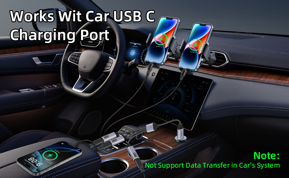 Text reads 'Works Wit Car USB C'. Multiple views of a car charging device with illuminated ports and cable connections.