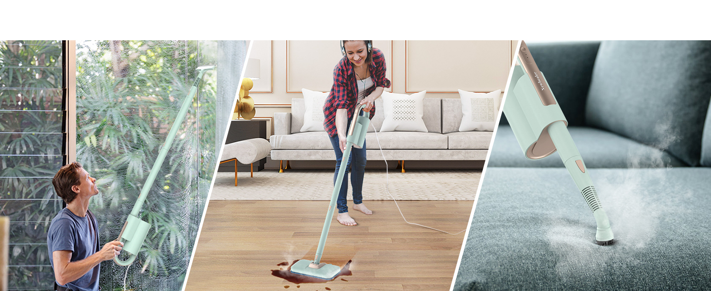 a woman using a vacuum cleaner on a wooden floor.