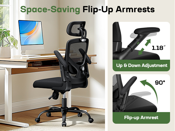 Text reads 'Space Saving Flip Up Armrests'. Office chair features shown in sequence demonstrating adjustable armrests that can flip up vertically, with directional arrows indicating movement.
