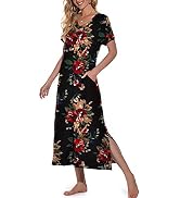 PrinStory Womens Long Nightgown Short Sleeve Nightshirt V-Neck Soft Night Gown Casual Sleepwear