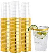 FOCUSLINE 100 Pack 12 oz Gold Rimmed Plastic Cups, 12 Ounce Clear Plastic Cups Tumblers, Heavy-du...