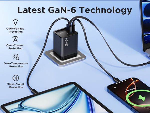 65W Retractable Wall Charger, USB C Charger Block Built-in Type C Cable &amp;amp; Dual Port