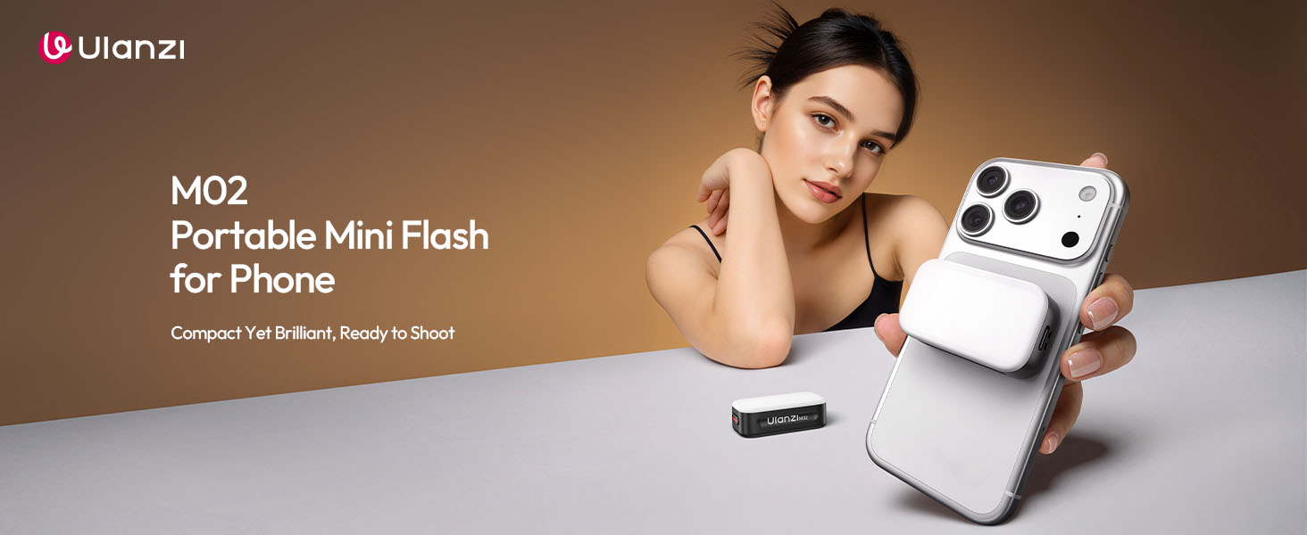 Text reads 'U-pinch', 'M02 Portable Mini Flash for iPhone'. Product demonstration images showing mobile device accessory installation.