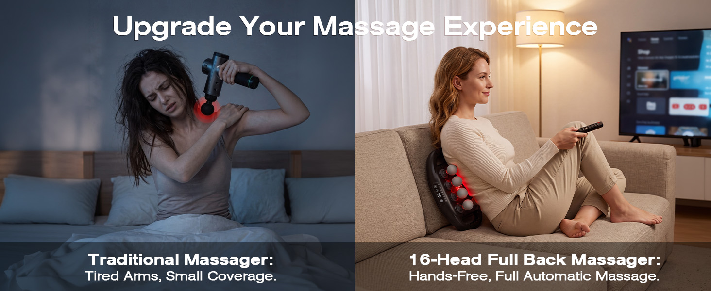 Split image compares handheld massage gun use with a hands-free 16-head back massager.