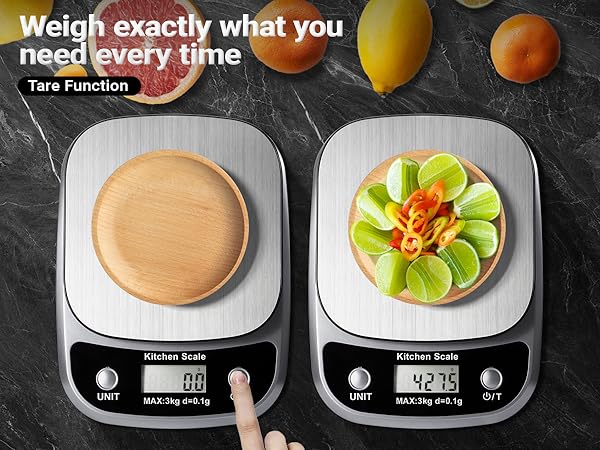 Food scale with tare function weighs digital grams and ounces