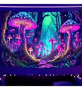 SparkLia Fantasy Mushroom Tapestry, Blacklight Magical Neon Forest Trees Colorful UV Reactive Glo...