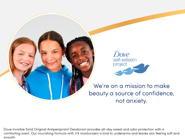 Three girls next to each other next to Dove Self-Esteem Project and text about it's mission.