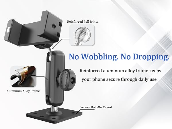 Secure phone holder for semi-trucks, forklifts, boats and UTVs on demanding routes.