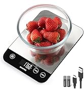 BakFee Food Scale, 33lb Rechargeable Kitchen Scale with Stainless Steel, Grams and Ounces, USB Ch...