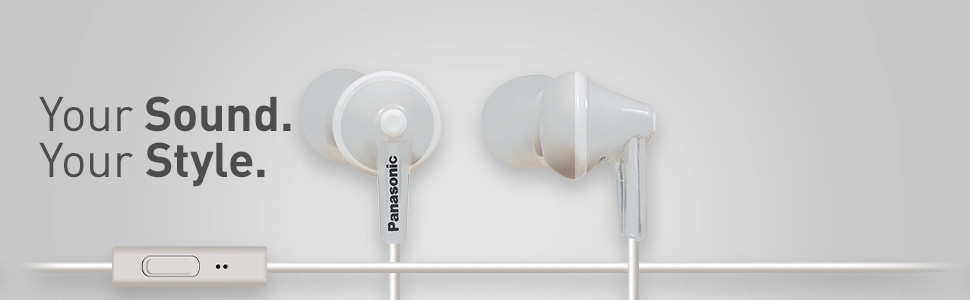 pair of WHITE earbuds with matching color cord and in-line mic. Text says "Your Sound. Your Style."