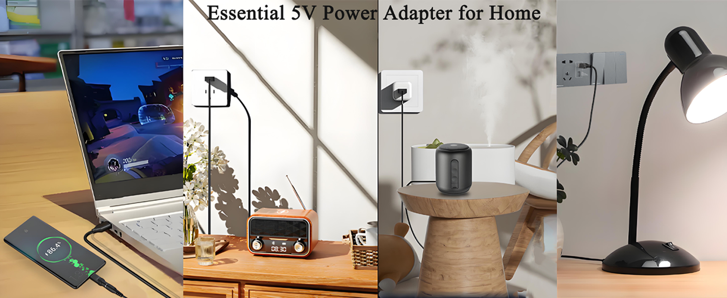 Desk setup with laptop, 5V power adapter, radio, and desk lamp. Wooden side table with smart speaker and desk lamp in background.