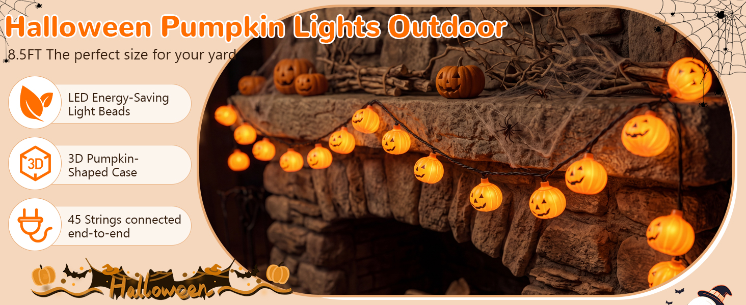 pumpkin halloween lights; led outdoor halloween decorations lights; halloween string lights plug in