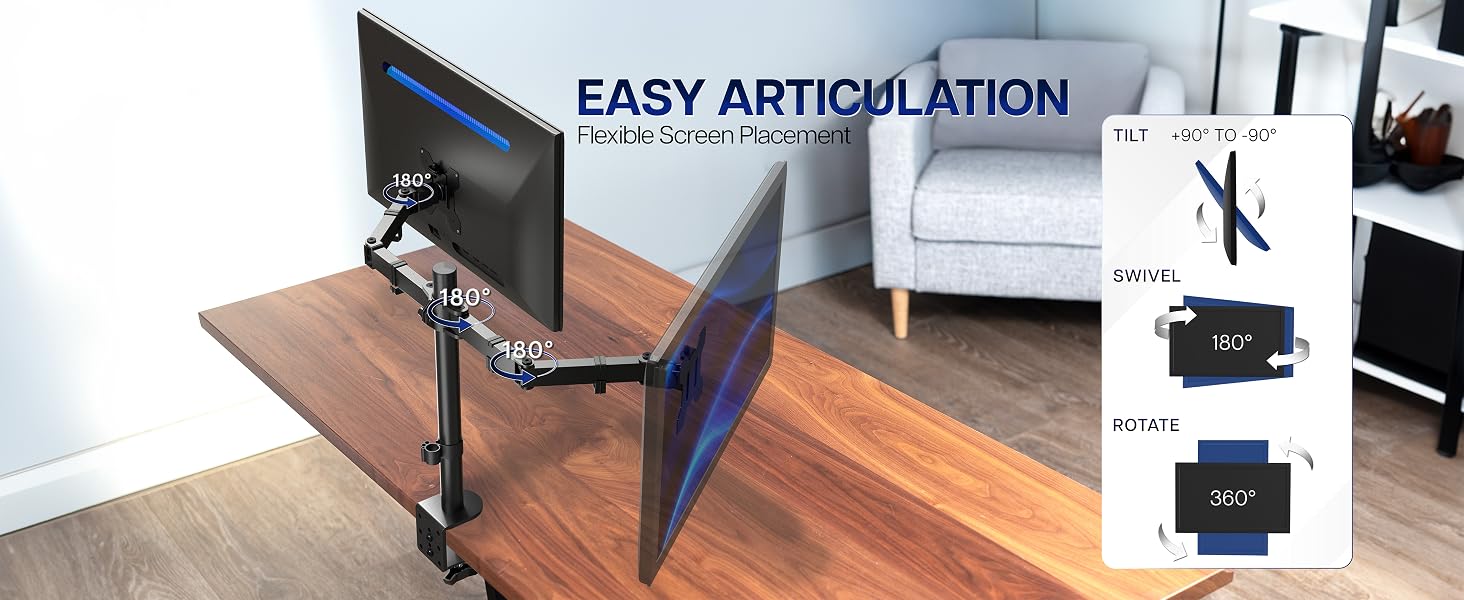 dual monitor mount adjustable desk stand clamp grommet tilt swivel rotate ergonomic setup