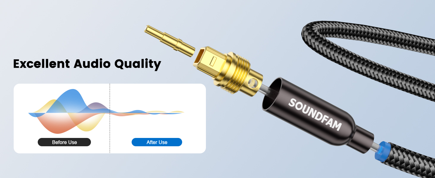 Text reads 'Excellent Audio Quality'. Product photo shows black audio cable with gold-plated connector and braided cord design.